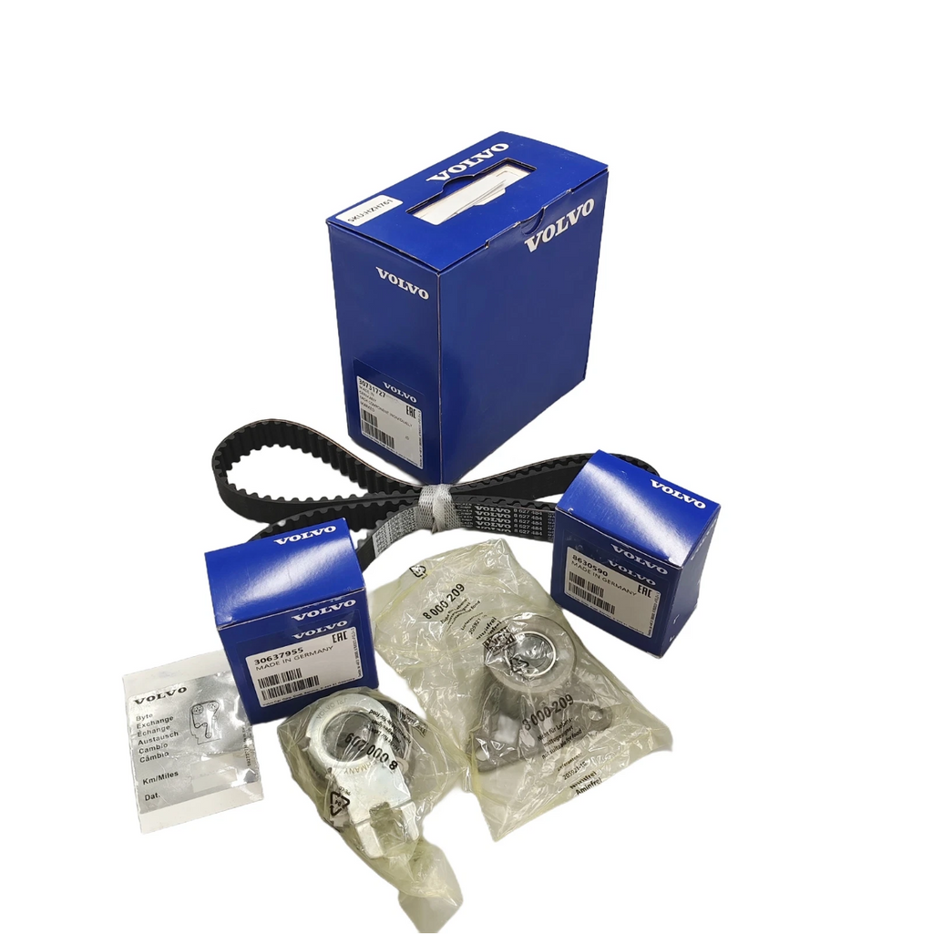 Automotive parts including a belt and packaging on a white background